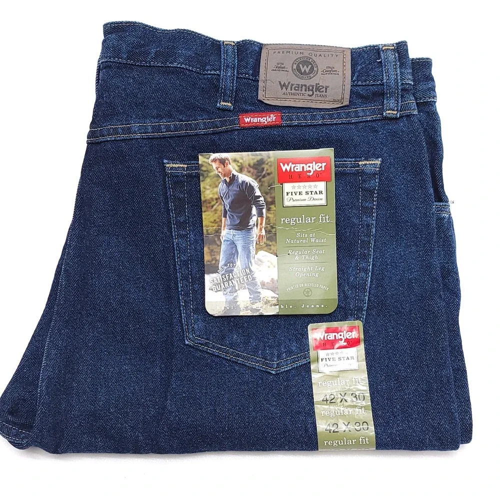 New Wrangler Five Star Regular Fit Jeans Men's 42 X 30 Midnight Rinse Blue‎